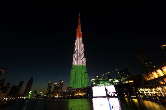 “Burj Khalifa Aglow with Indian Flag Colors, Commemorating India’s 77th Independence Day in Dubai”